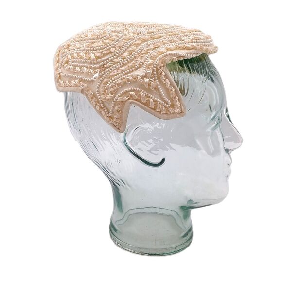 Amy New York Cocktail Cap Fascinator Hat Beaded w/ Pearl Cream White Headdress - Picture 6 of 14